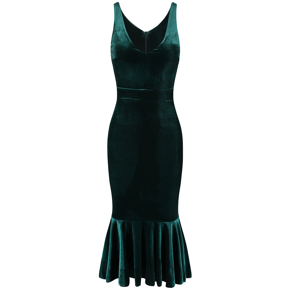 Emerald Green Velour Sleeveless Peplum Hem V Neck Wiggle Dress - Pretty Kitty Fashion
