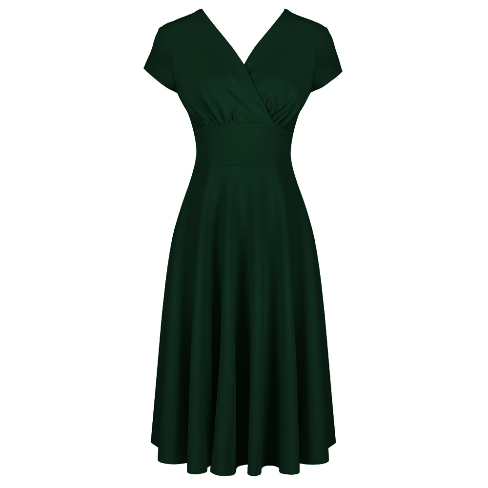 Emerald Green A Line Vintage Crossover Capped Sleeve Tea Swing Dress - Pretty Kitty Fashion