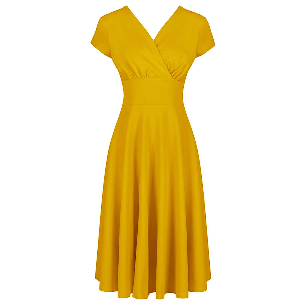 Honey Yellow A Line Vintage Crossover Capped Sleeve Swing Dress