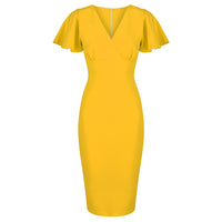 Honey Yellow Half Sleeve Deep V Neck Crossover Top Wiggle Dress - Pretty Kitty Fashion