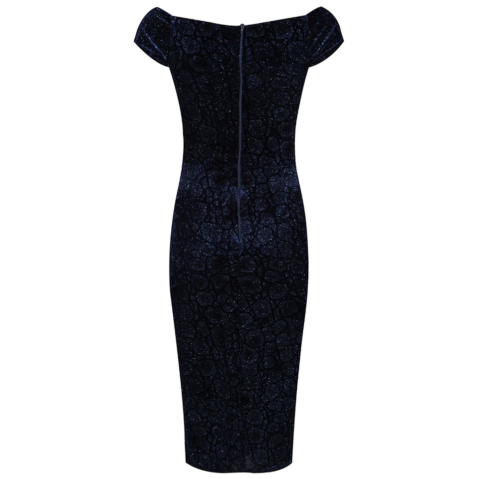 Navy Blue Vintage Animal Print Velvet Capped Sleeve Wiggle Dress - Pretty Kitty Fashion