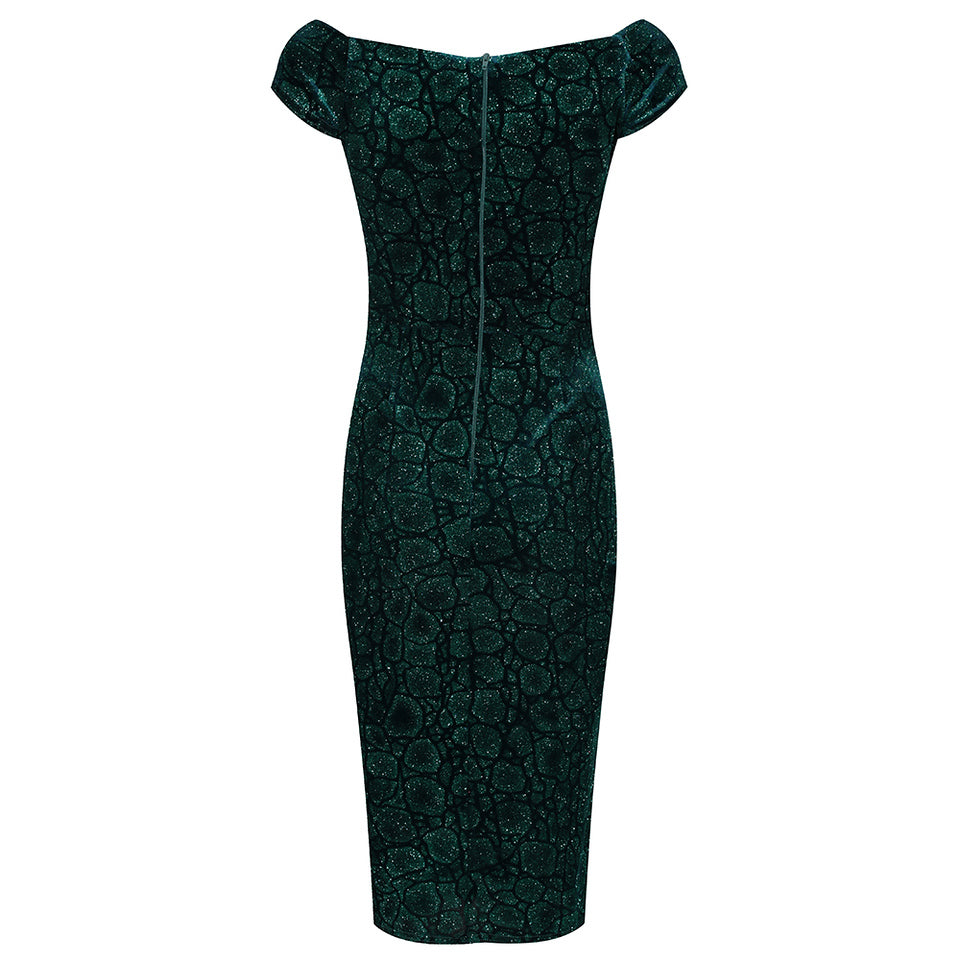 Green Vintage Animal Print Velvet Capped Sleeve Wiggle Dress - Pretty Kitty Fashion