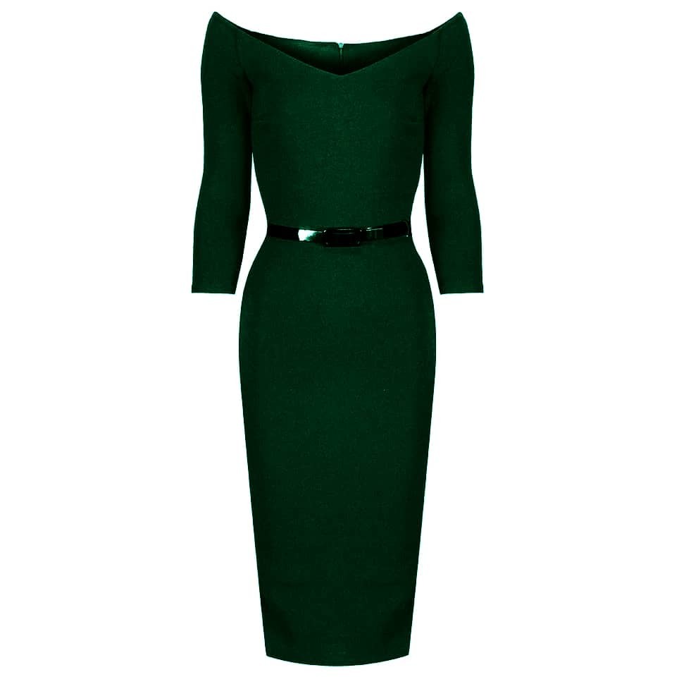Forest Green Wide V Neck 3/4 Sleeve Belted Bodycon Pencil Dress