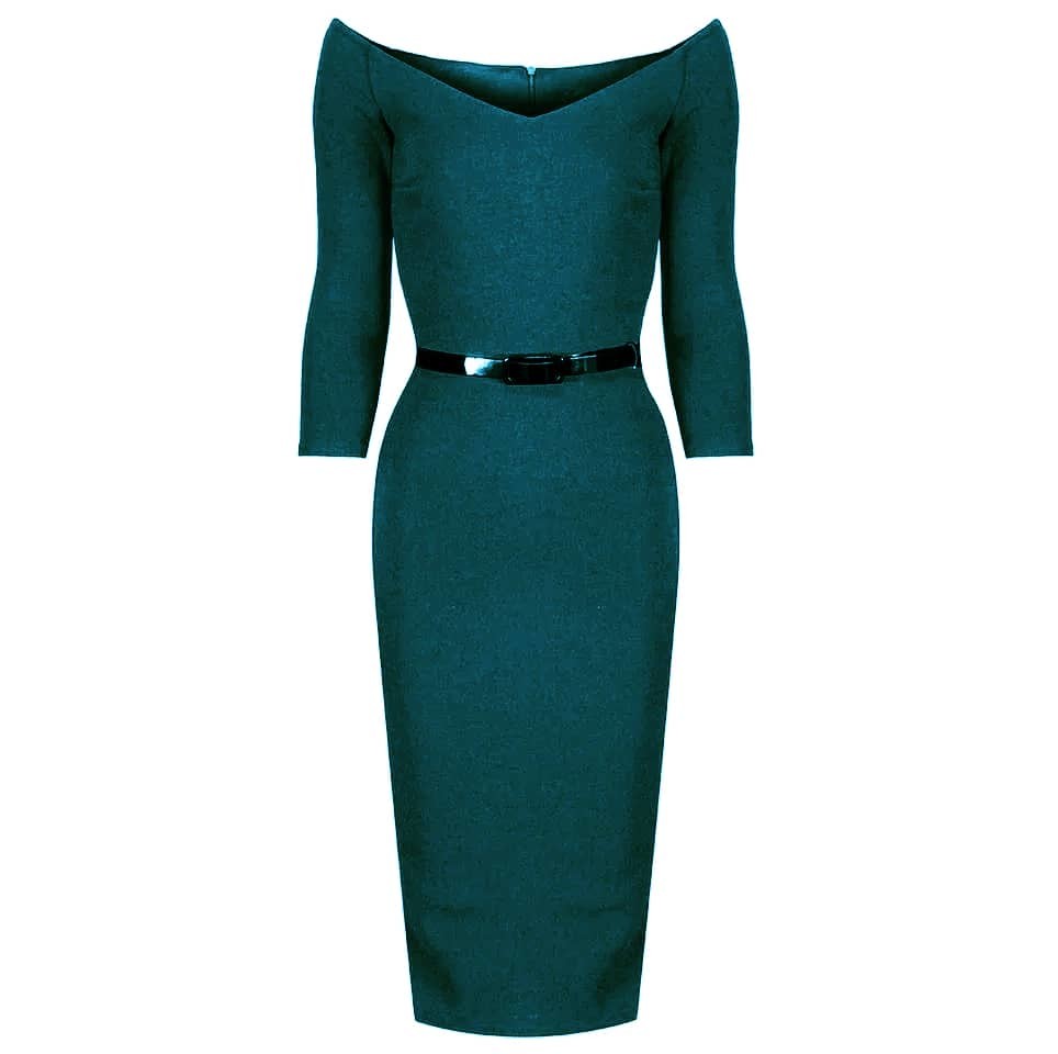 Teal Wide V Neck 3/4 Sleeve Vintage Style Belted Bodycon Pencil Dress