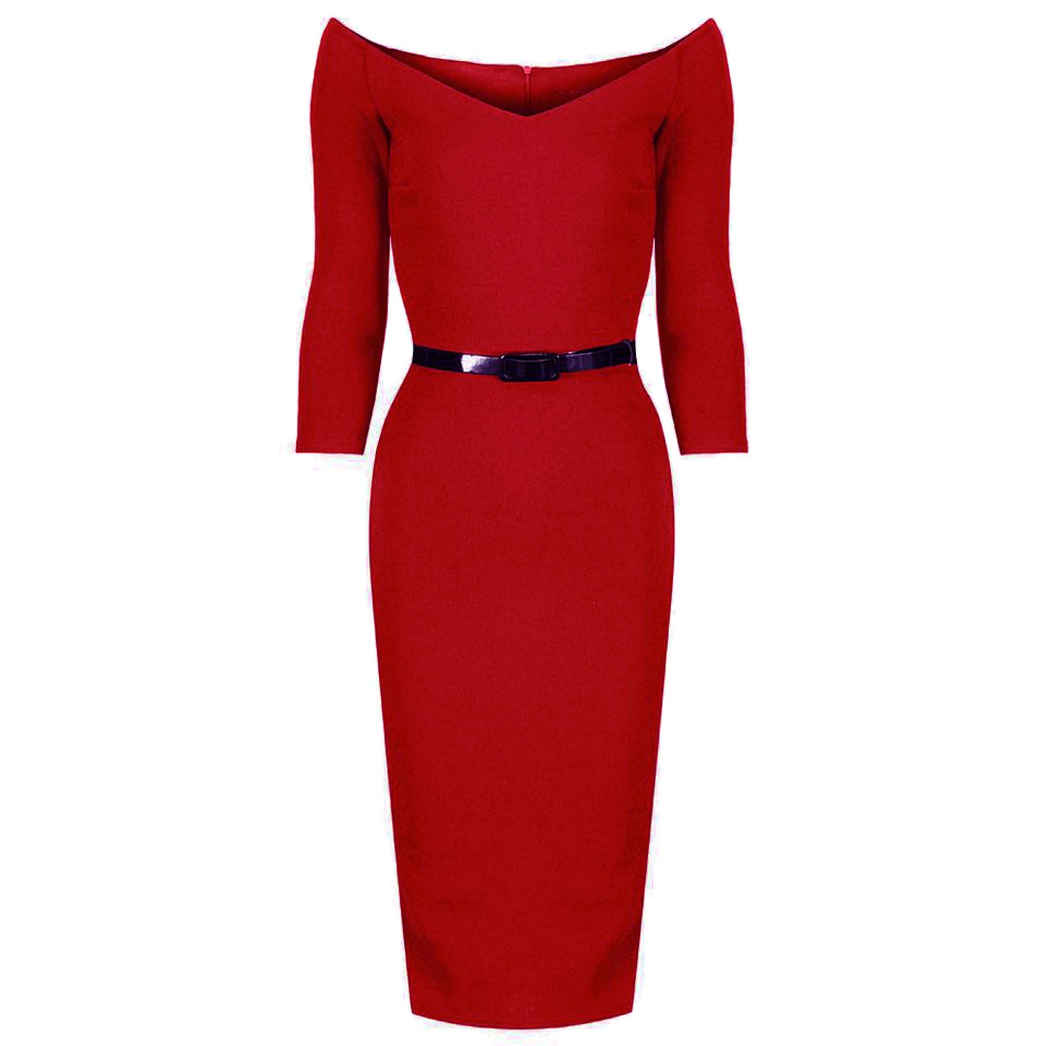 Red Wide V Neck 3/4 Sleeve Vintage Style Belted Pencil Dress