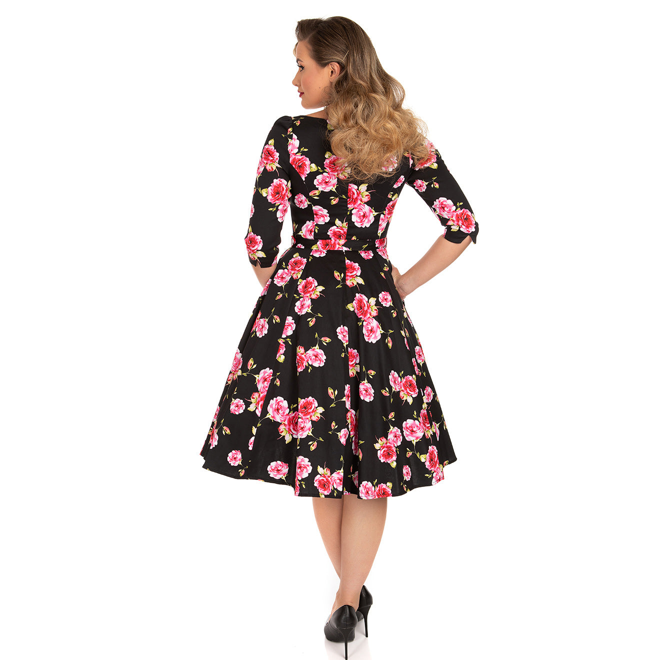 Black floral shop swing dress