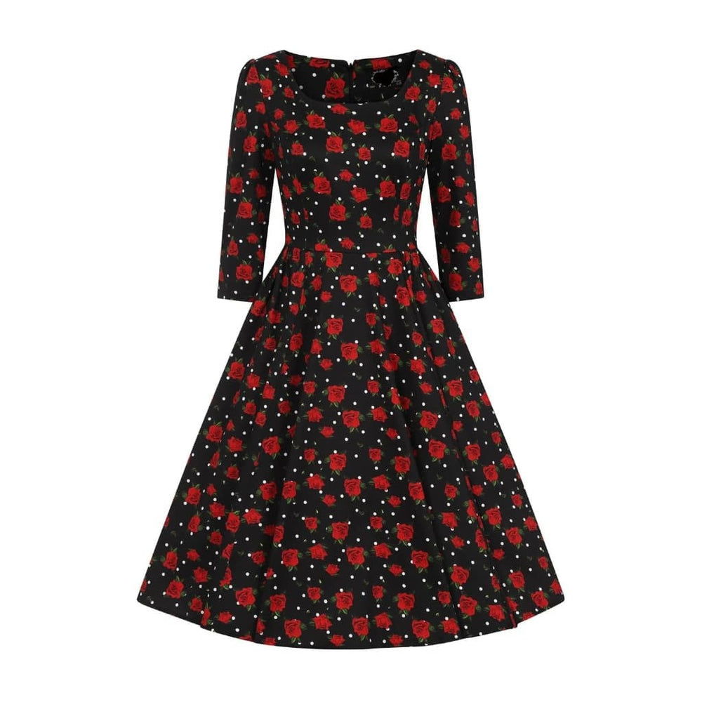 Black And Red Rose Polka Dot Vintage 50s 3/4 Sleeve Swing Tea Dress