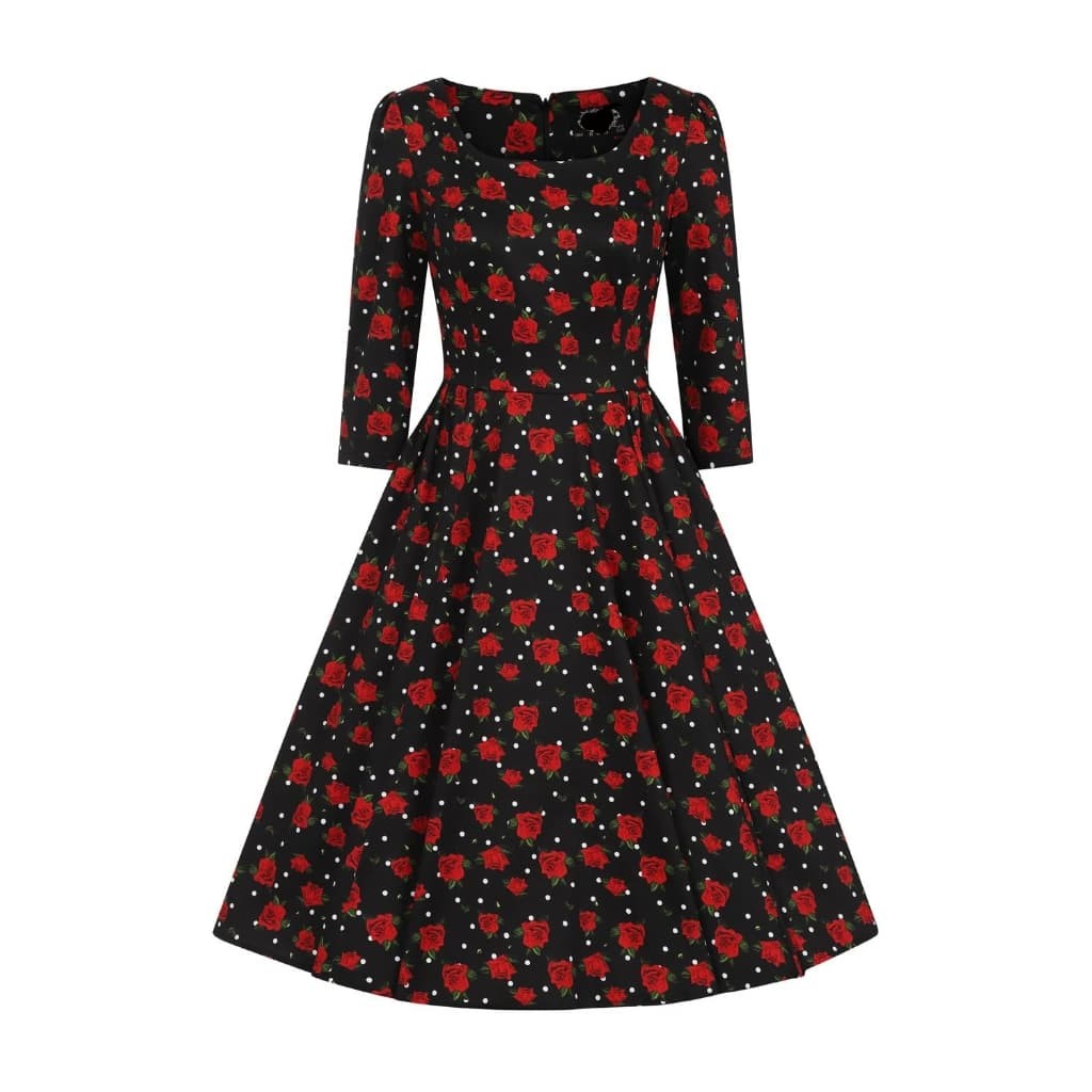 Black And Red Rose Polka Dot Vintage 50s 3/4 Sleeve Swing Tea Dress