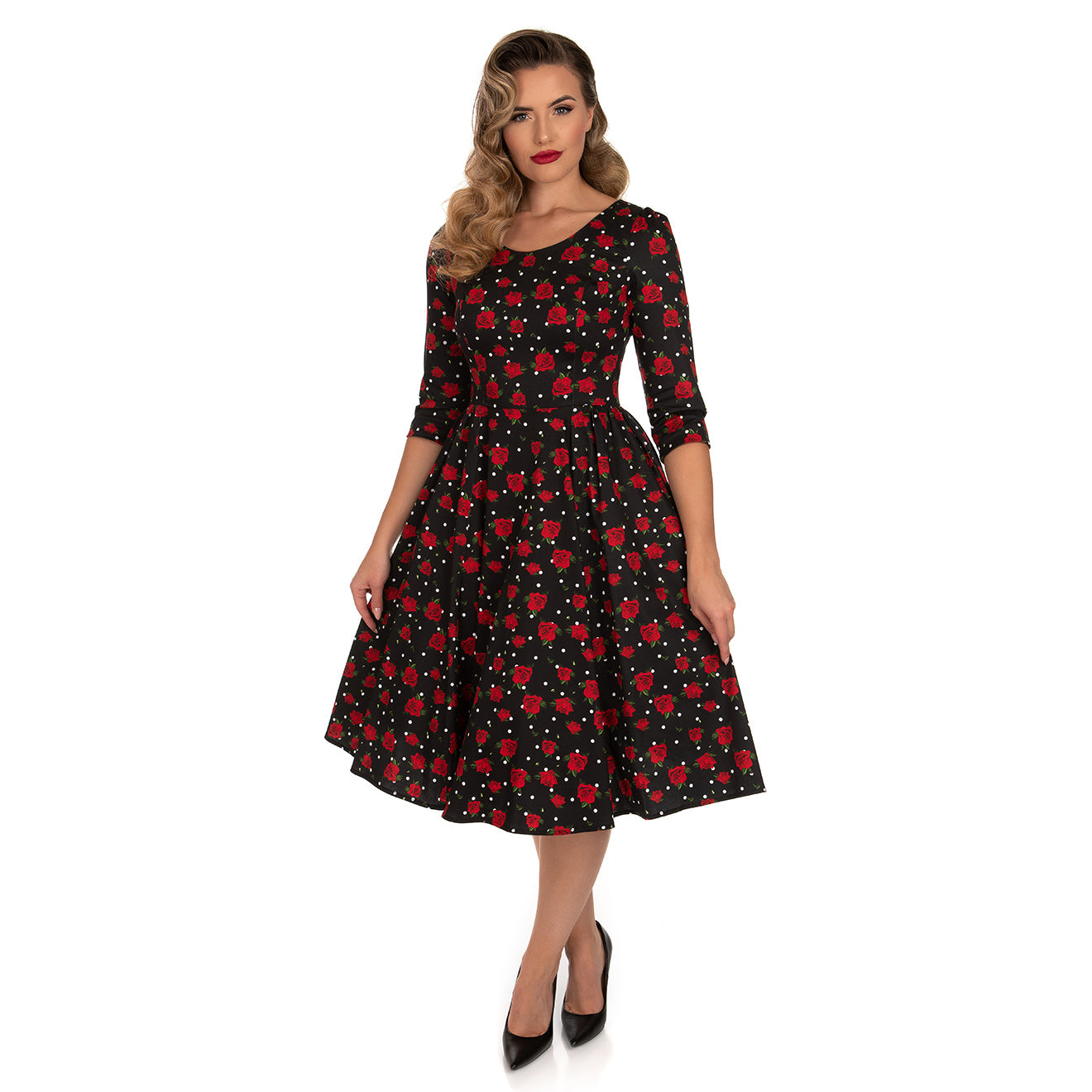 Black And Red Rose Polka Dot Vintage 50s 3/4 Sleeve Swing Tea Dress