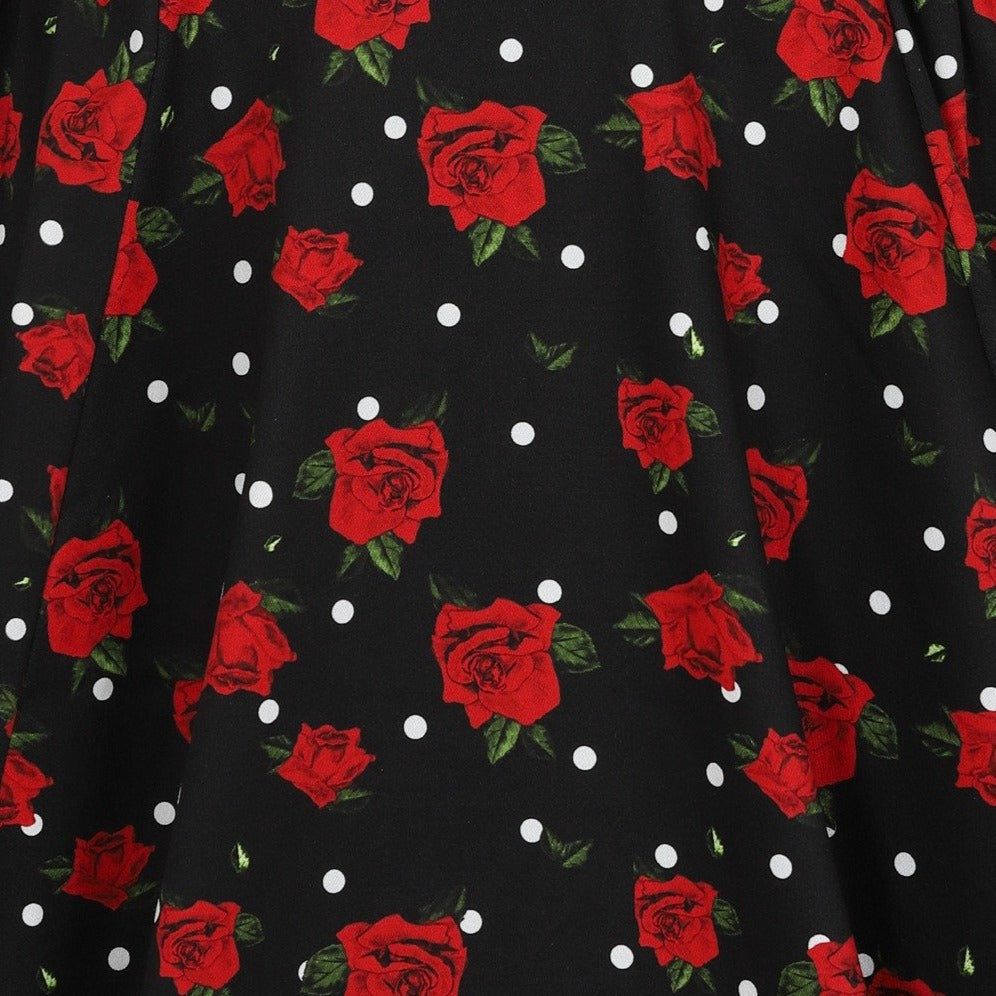 Black And Red Rose Polka Dot Vintage 50s 3/4 Sleeve Swing Tea Dress