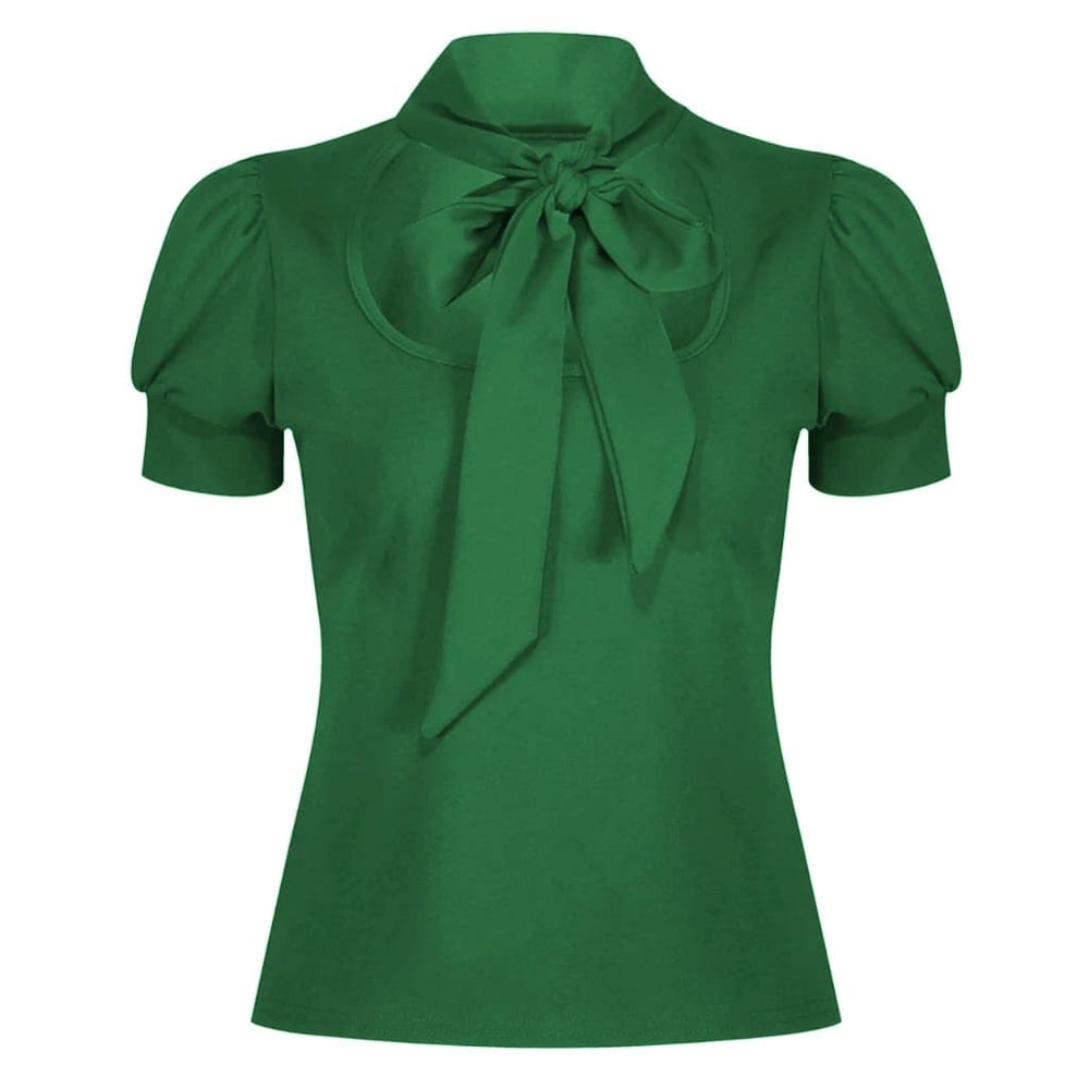 Vintage Emerald Green Puff Sleeve Tie Neck Top