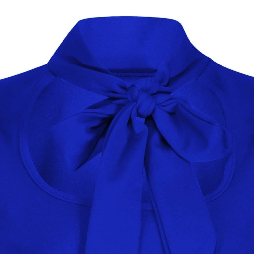 Vintage Royal Blue Puff Sleeve Tie Neck Top