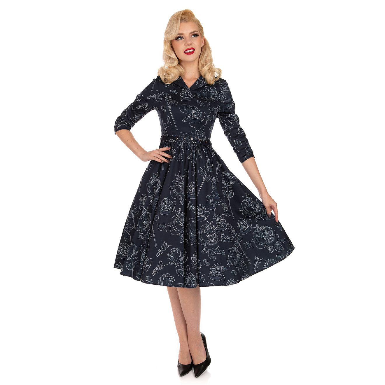 Navy & White Rose Print 3/4 Sleeve Shawl Collar 50s Swing Tea Dress