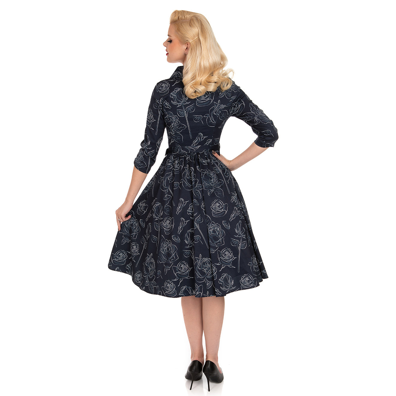 Navy & White Rose Print 3/4 Sleeve Shawl Collar 50s Swing Tea Dress