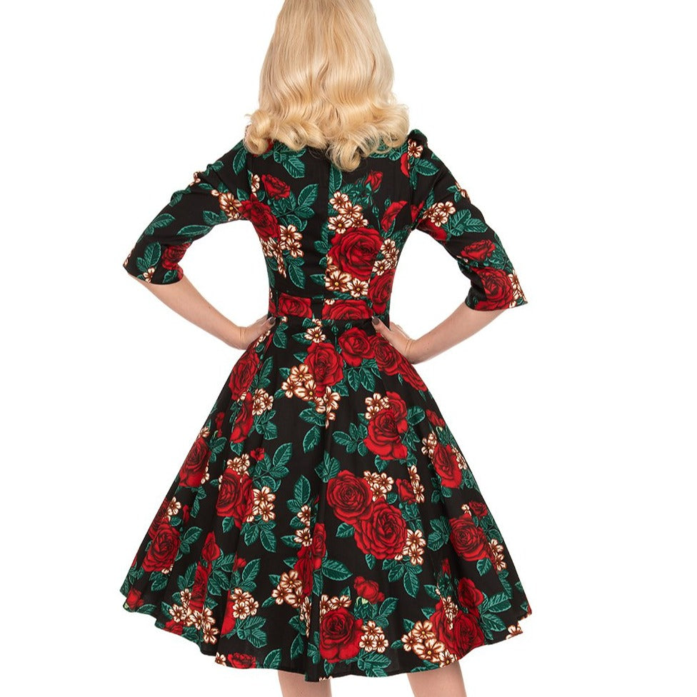 Black And Red Floral Vintage 50s 3/4 Sleeve Swing Tea Dress