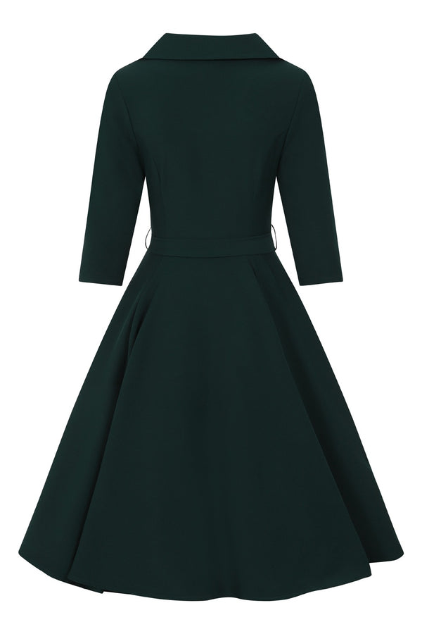 Emerald Green Vintage Belted 3/4 Sleeve Swing Dress - Pretty Kitty Fashion