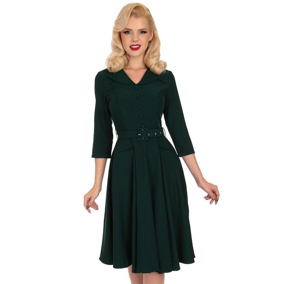 Emerald Green Vintage Belted 3/4 Sleeve Swing Dress – Pretty Kitty Fashion
