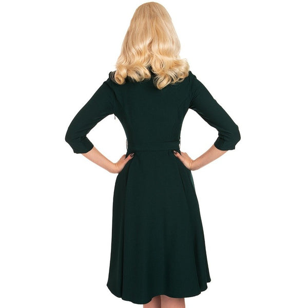 Emerald Green Vintage Belted 3/4 Sleeve Swing Dress - Pretty Kitty Fashion