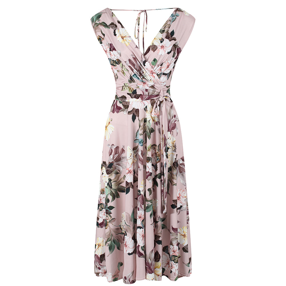 Dusky Pink Floral Crossover Top Empire Waist 50s Swing Dress – Pretty ...