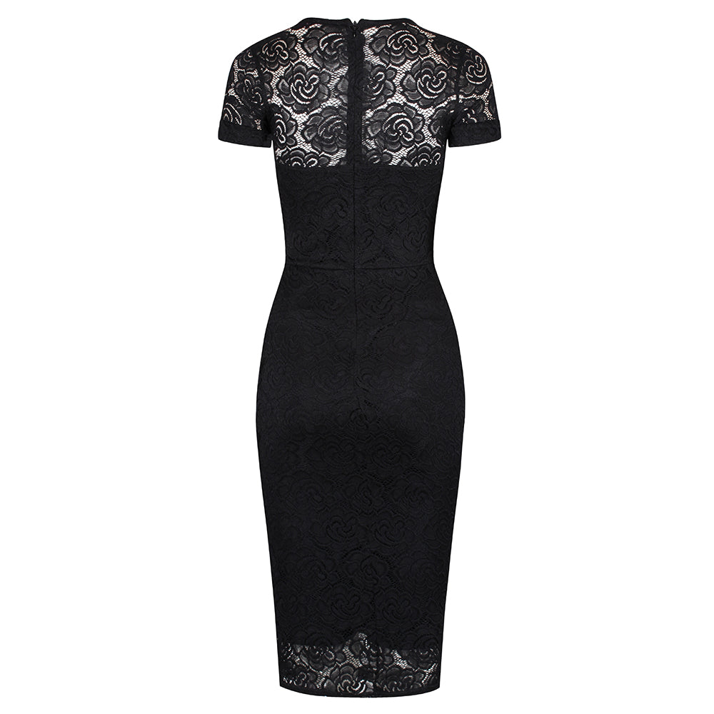 Black Cap Sleeve Lace Wiggle Pencil Cocktail Dress Pretty Kitty Fashion