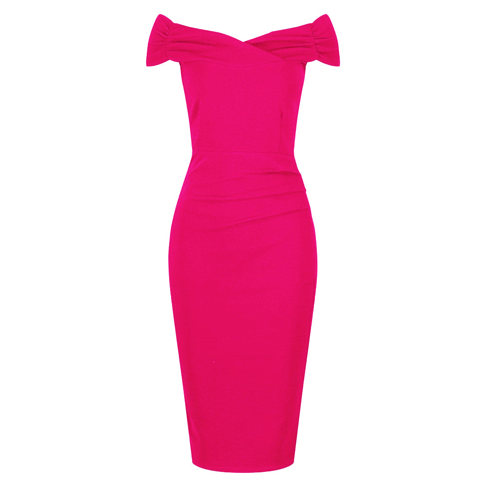 Hot Pink Cap Sleeve Crossover Top Bardot Wiggle Dress – Pretty Kitty ...