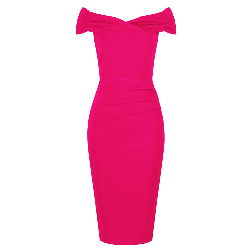 Hot Pink Cap Sleeve Crossover Top Bardot Wiggle Dress - Pretty Kitty Fashion