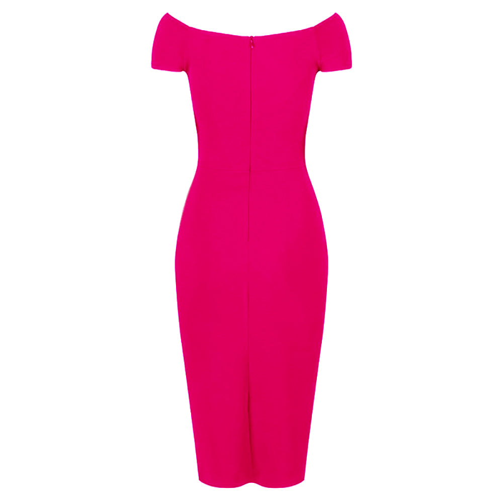 Hot Pink Cap Sleeve Crossover Top Bardot Wiggle Dress - Pretty Kitty Fashion