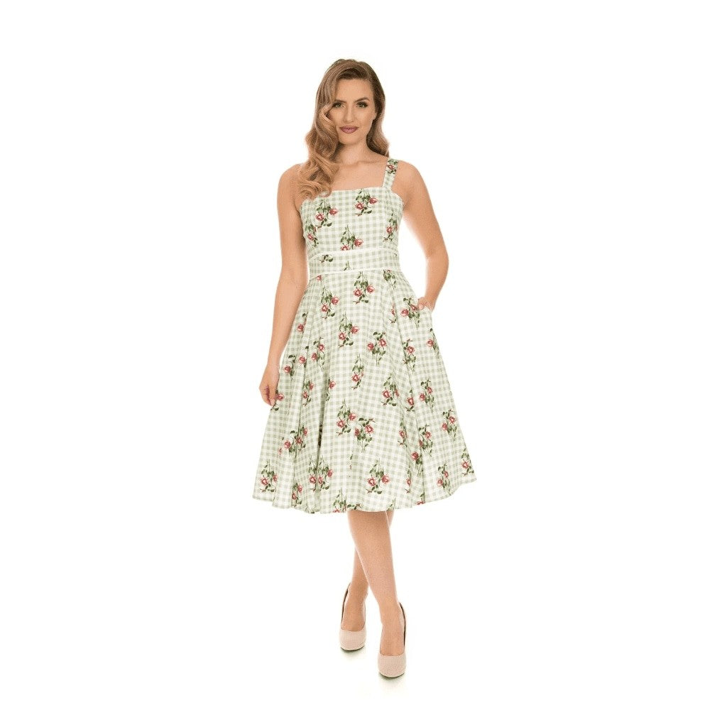Check Vintage Floral Rockabilly 50s Swing Dress