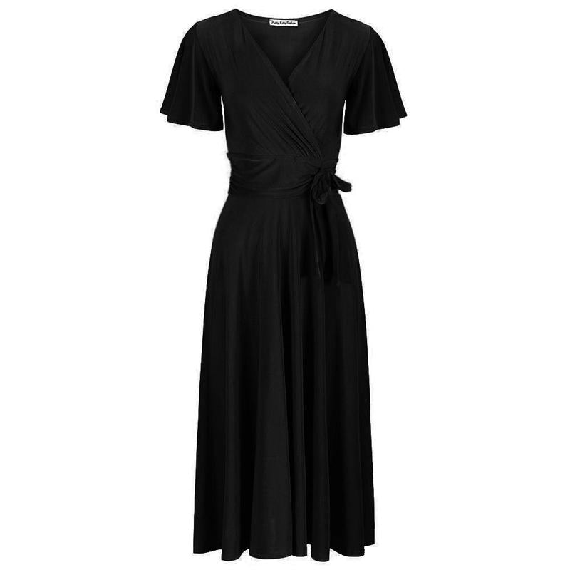 Black Cap Sleeve Crossover V Neck Wrap Top Swing Dress - Pretty Kitty Fashion