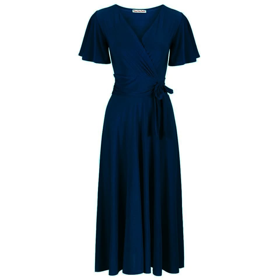 Navy Blue Cap Sleeve V Neck Wrap Top Swing Dress - Pretty Kitty Fashion