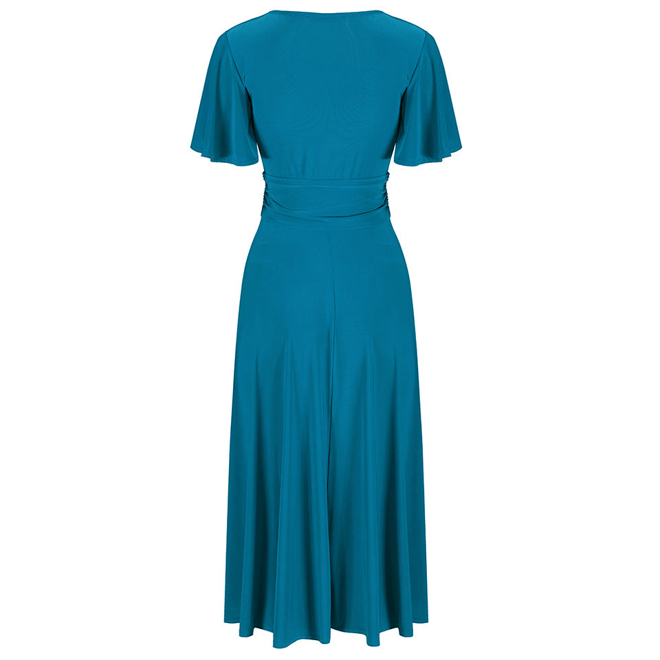 Teal Blue Cap Sleeve Crossover V Neck Wrap Top Swing Dress - Pretty ...