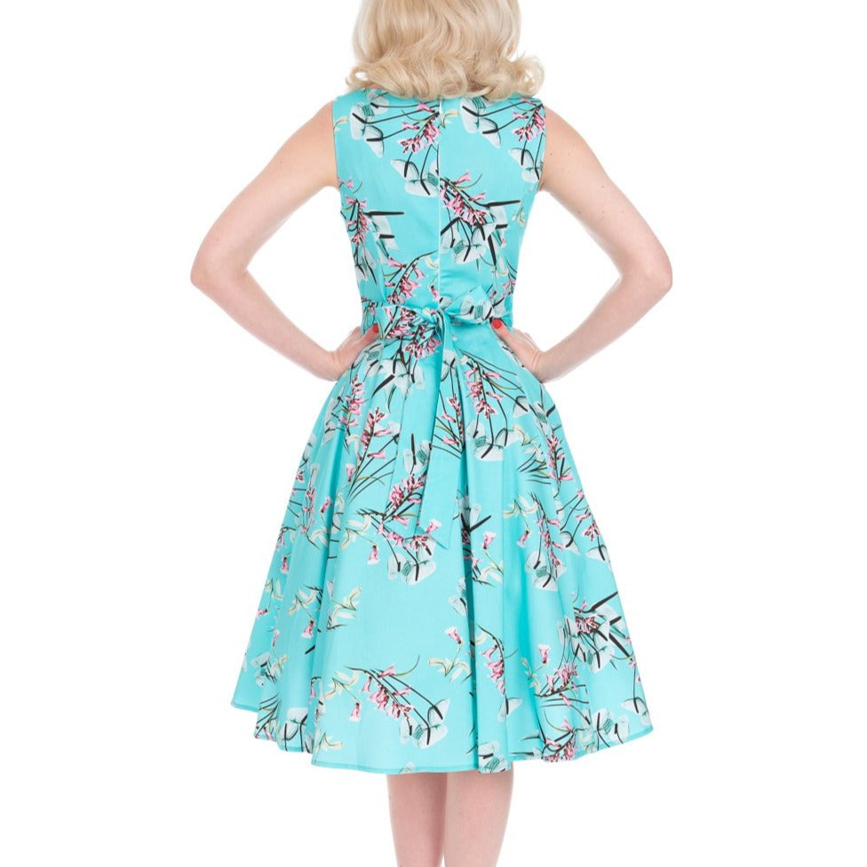 Azure Blue Vintage Floral Blossom Rockabilly 50s Swing Dress