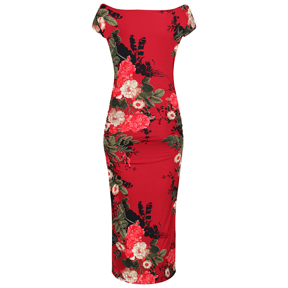 Red Floral Print 40s Style Cap Sleeve Slinky Pencil Wiggle Dress - Pretty Kitty Fashion