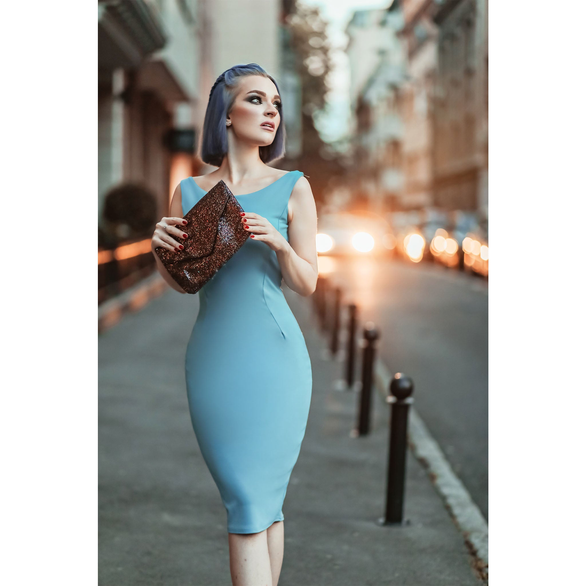Mid Blue 40s Bodycon Sleeveless Hollywood Wiggle Dress