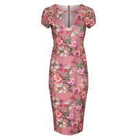 Pale Pink Floral Print Capped Sleeve Wiggle Pencil Dress - Pretty Kitty Fashion