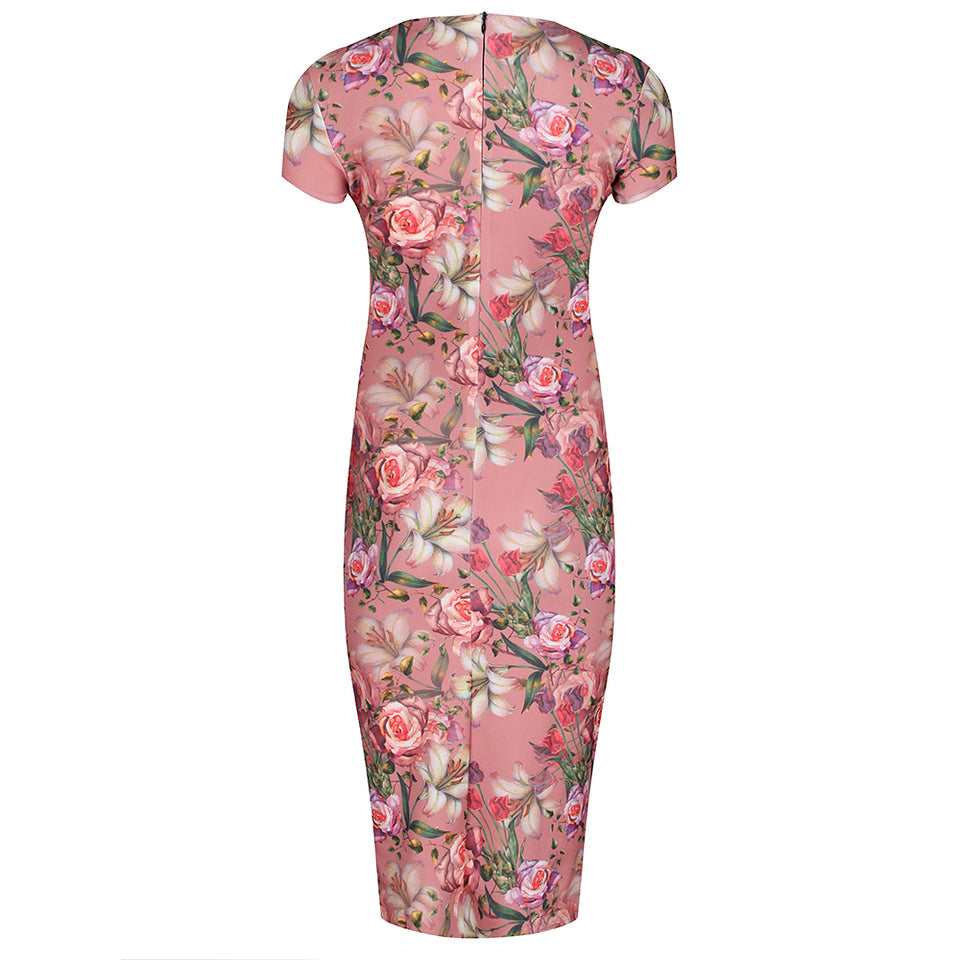 Pale Pink Floral Print Capped Sleeve Wiggle Pencil Dress – Pretty Kitty ...