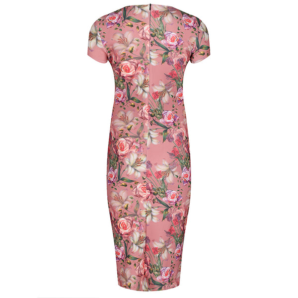 Pale Pink Floral Print Capped Sleeve Wiggle Pencil Dress - Pretty Kitty ...