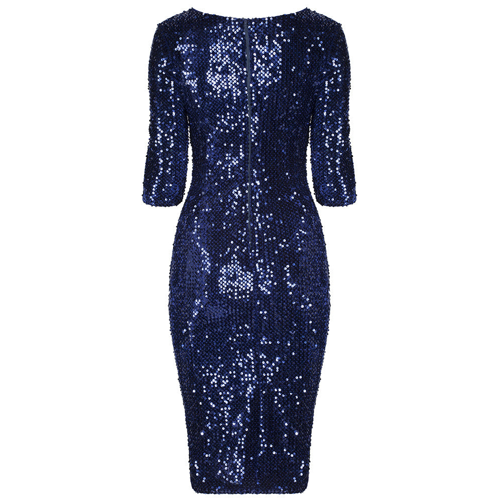 Navy Blue Velour Sequin Wiggle Dress - Pretty Kitty Fashion