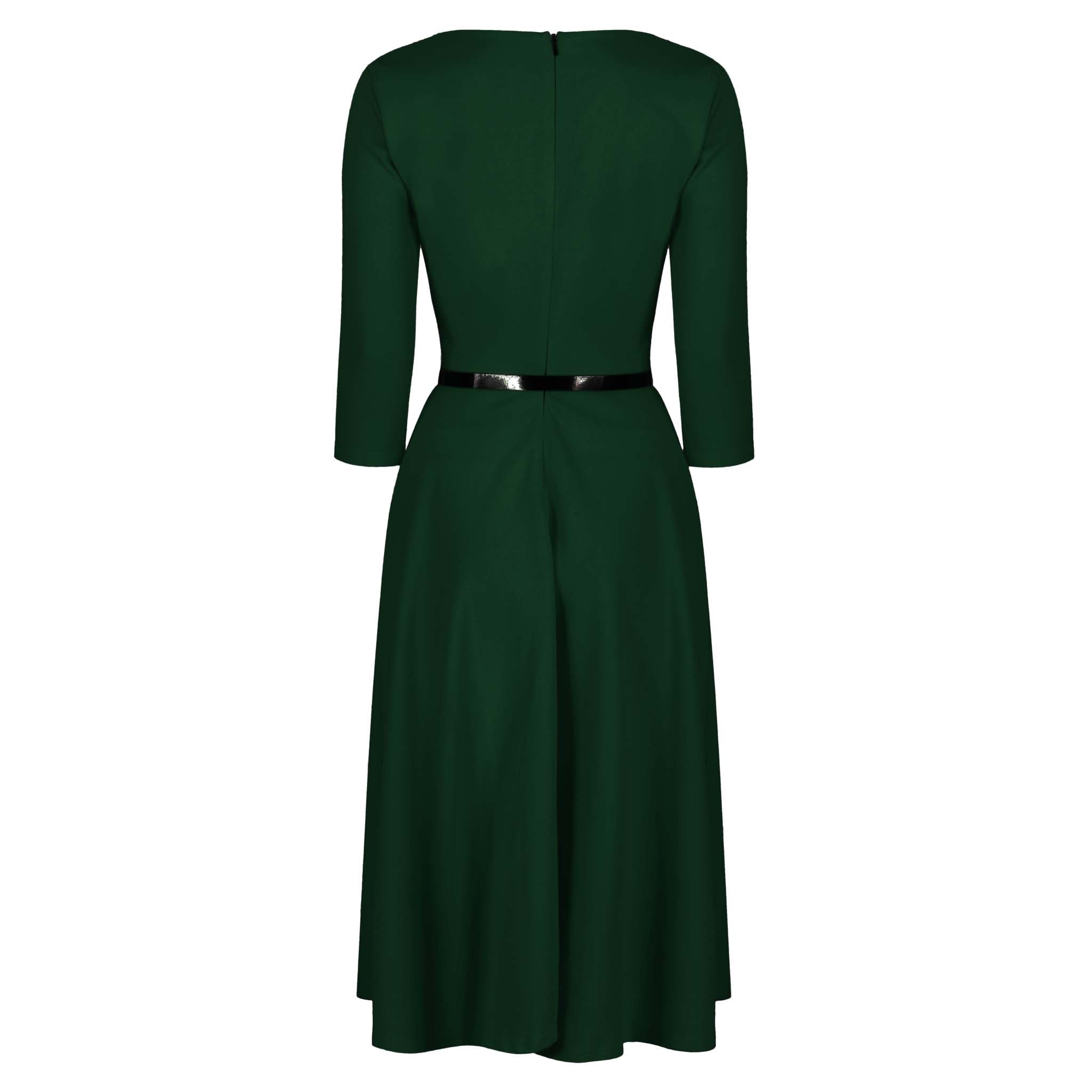 Forest Green 3/4 Sleeve Belted 50s Swing Dress