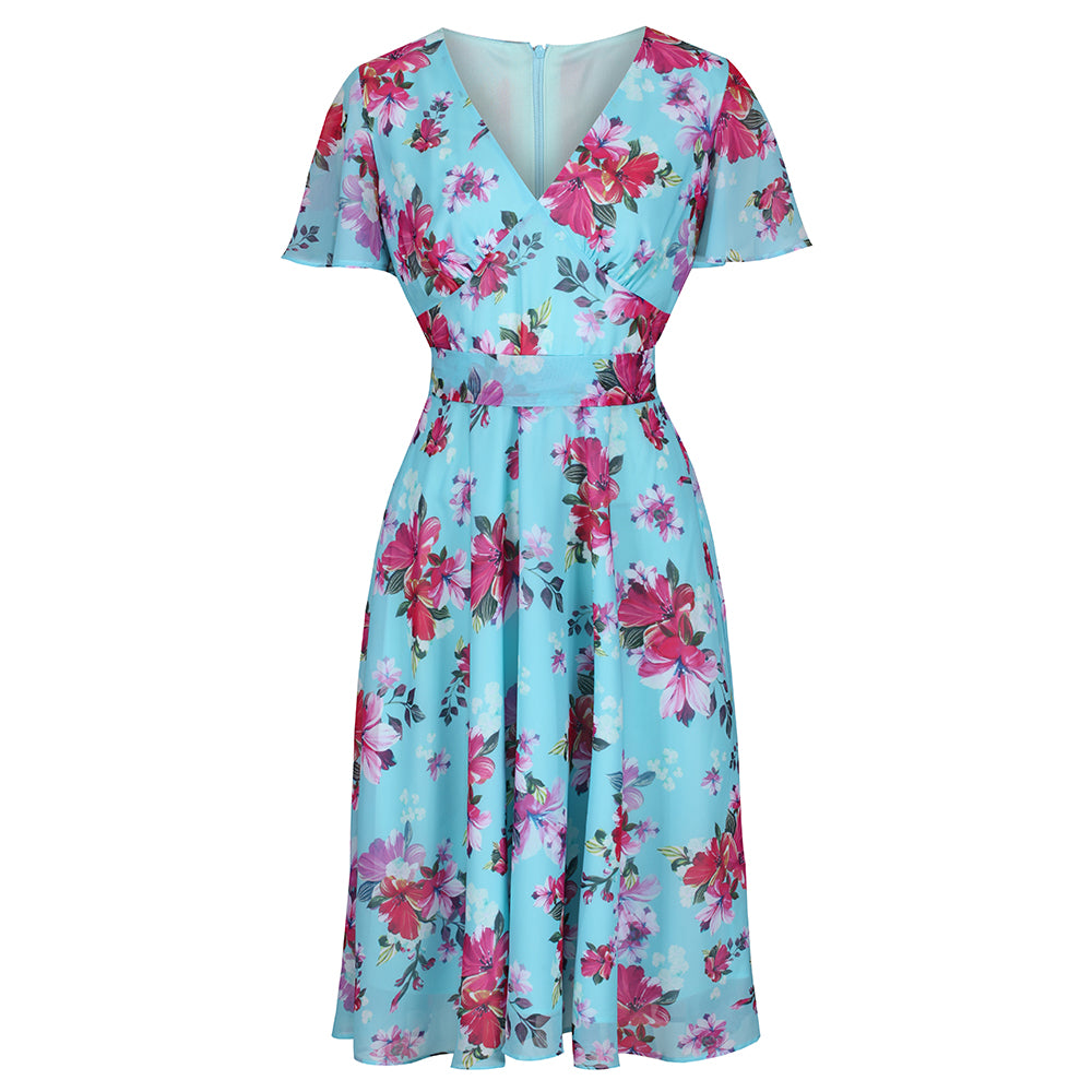 Light Blue Floral Split Sleeve Retro Swing Dress - Pretty Kitty Fashion