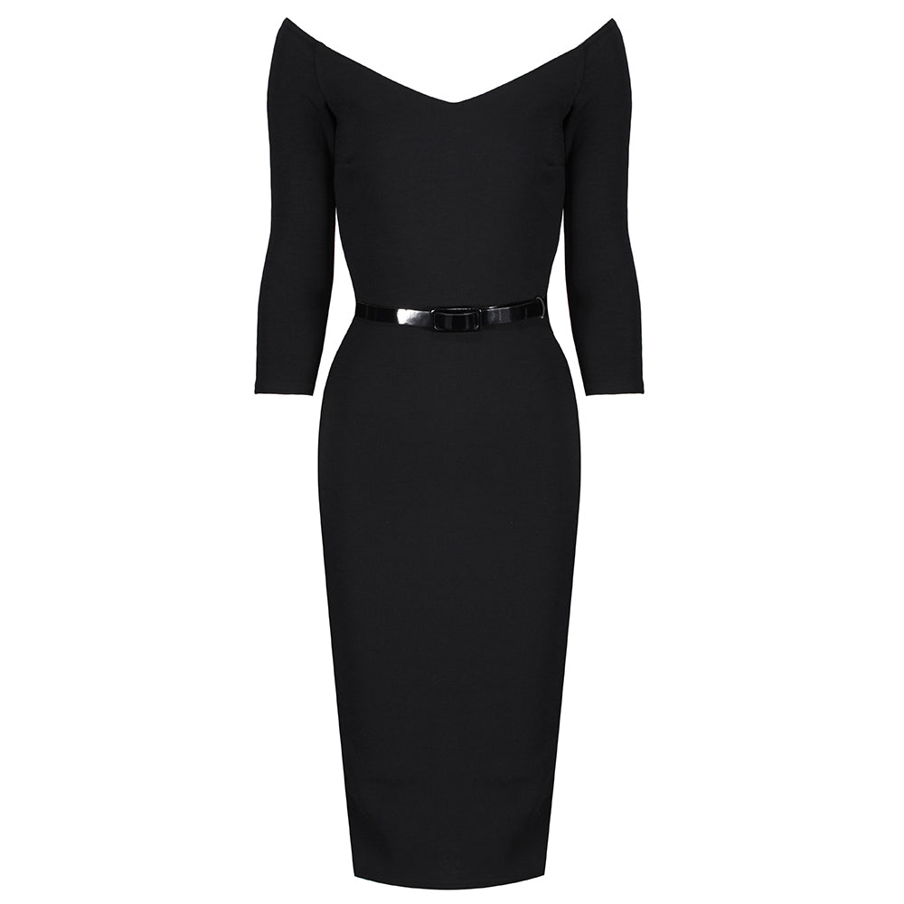 Black Wide V Neck 3 4 Sleeve Vintage Style Belted Bodycon Pencil Dress