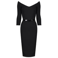 Black Vintage Belted 3/4 Sleeve Bodycon Wiggle Work Office Pencil Dress - Pretty Kitty Fashion