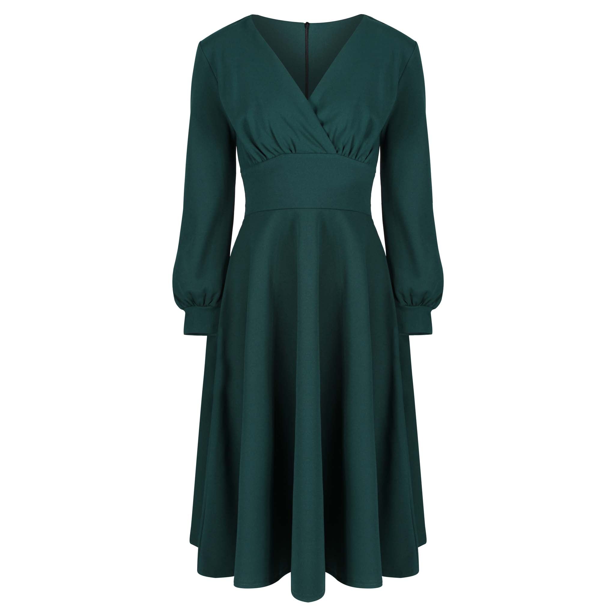Forest Green Long Sleeve A Line Vintage Crossover Tea Swing Dress ...