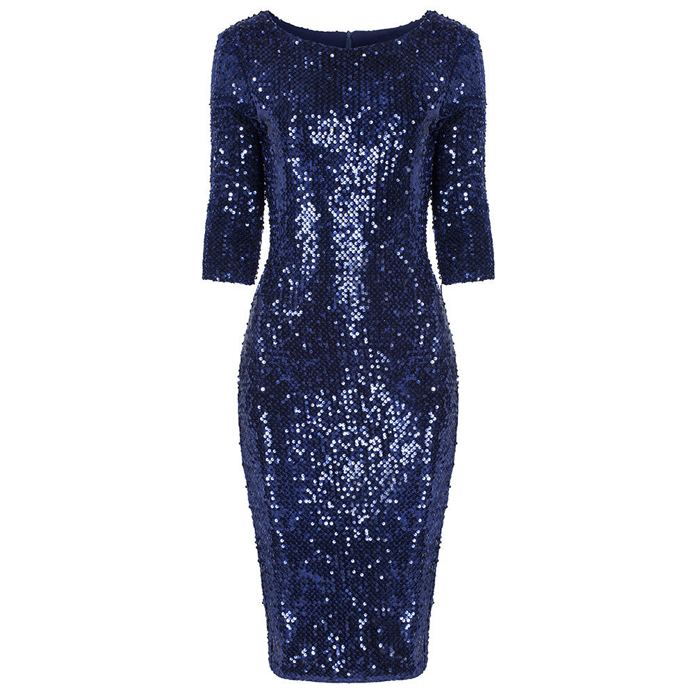 Navy Blue Velour Sequin Wiggle Dress - Pretty Kitty Fashion