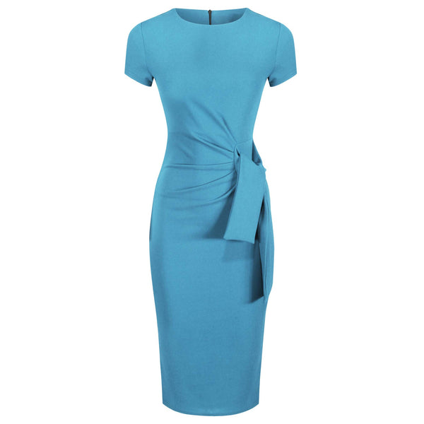 Pretty Blue Short Sleeve Ruched Tie Bodycon Pencil Dress - Pretty Kitty ...