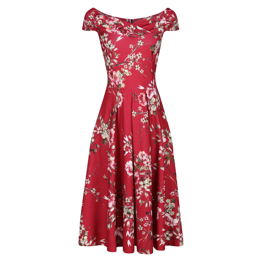 Red Floral Print Crossover Bardot 50s Swing Dress