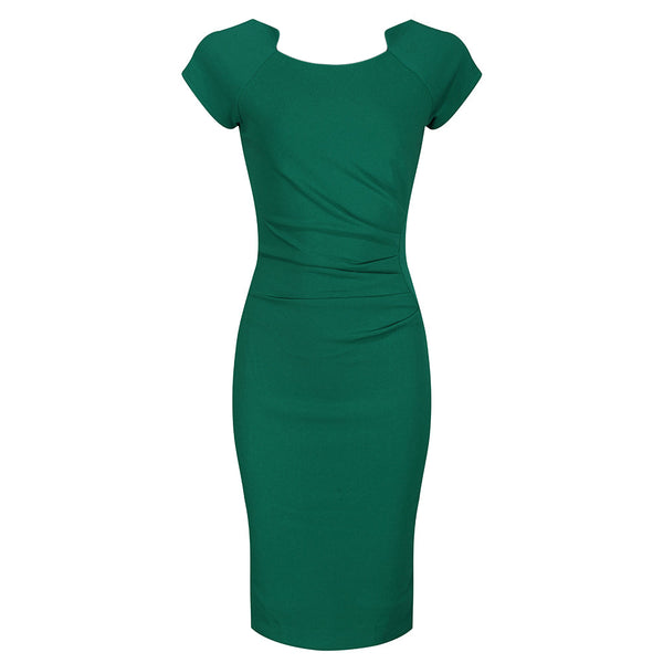 Emerald Green Capped Sleeve Ruched Bodycon Pencil Dress - Pretty Kitty ...