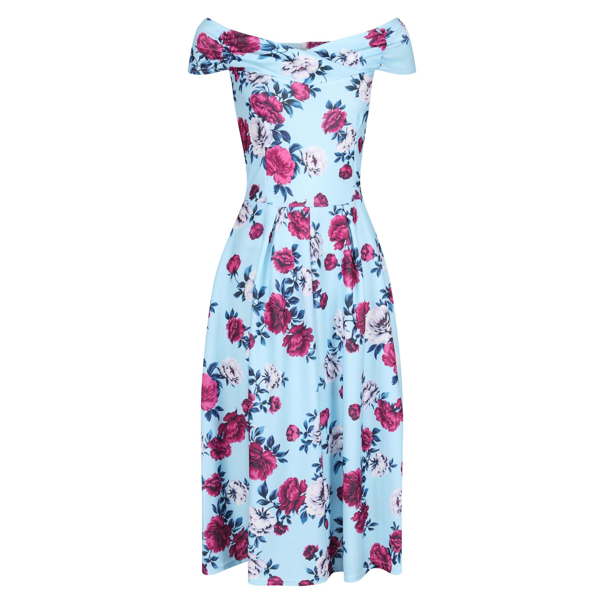 Sky Blue Floral Print Crossover Bardot 50s Swing Dress