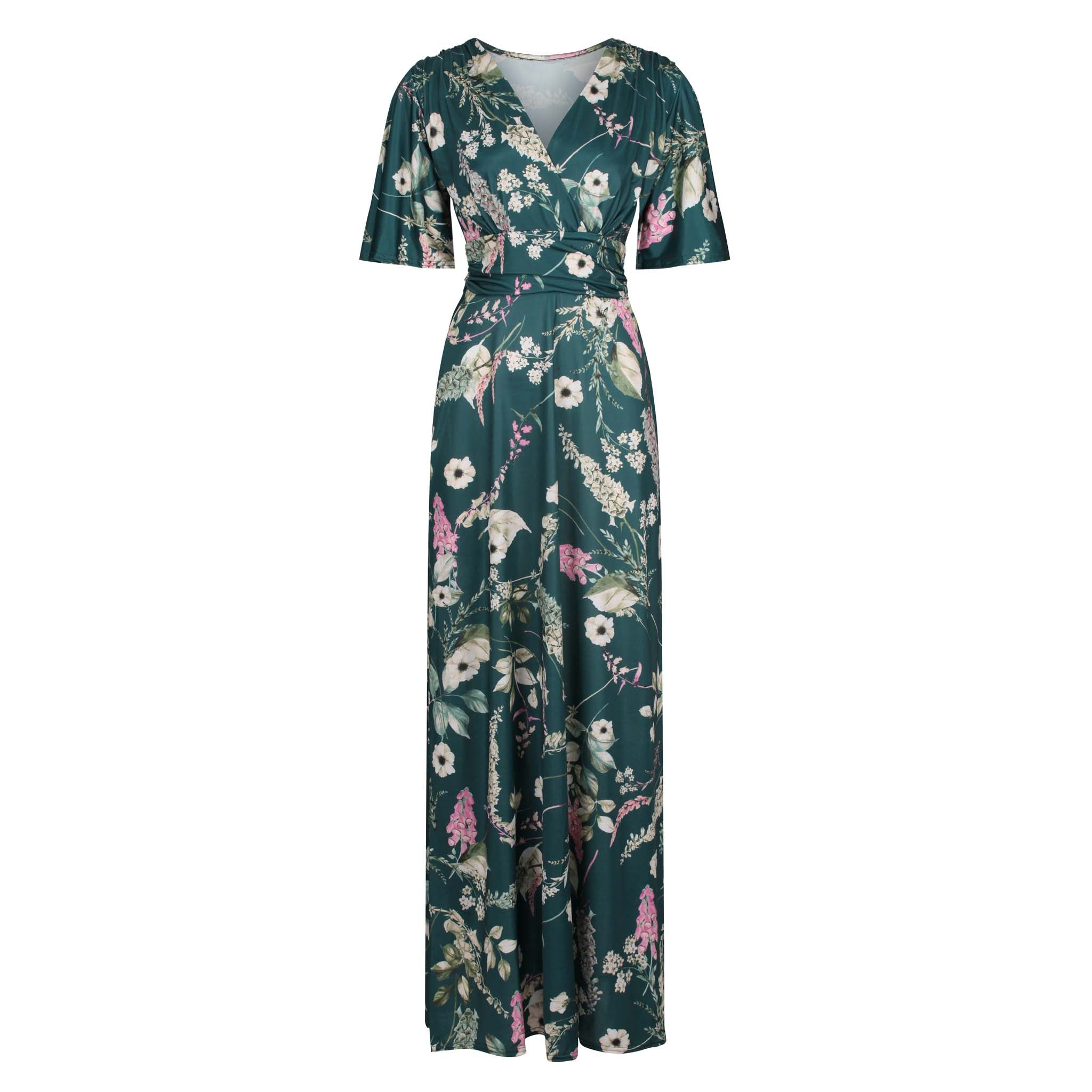 Green Floral Print Waterfall Sleeve Maxi Dress Pretty Kitty Fashion Green Floral Print Waterfall Sleeve Maxi Dress Pretty Kitty Fashion