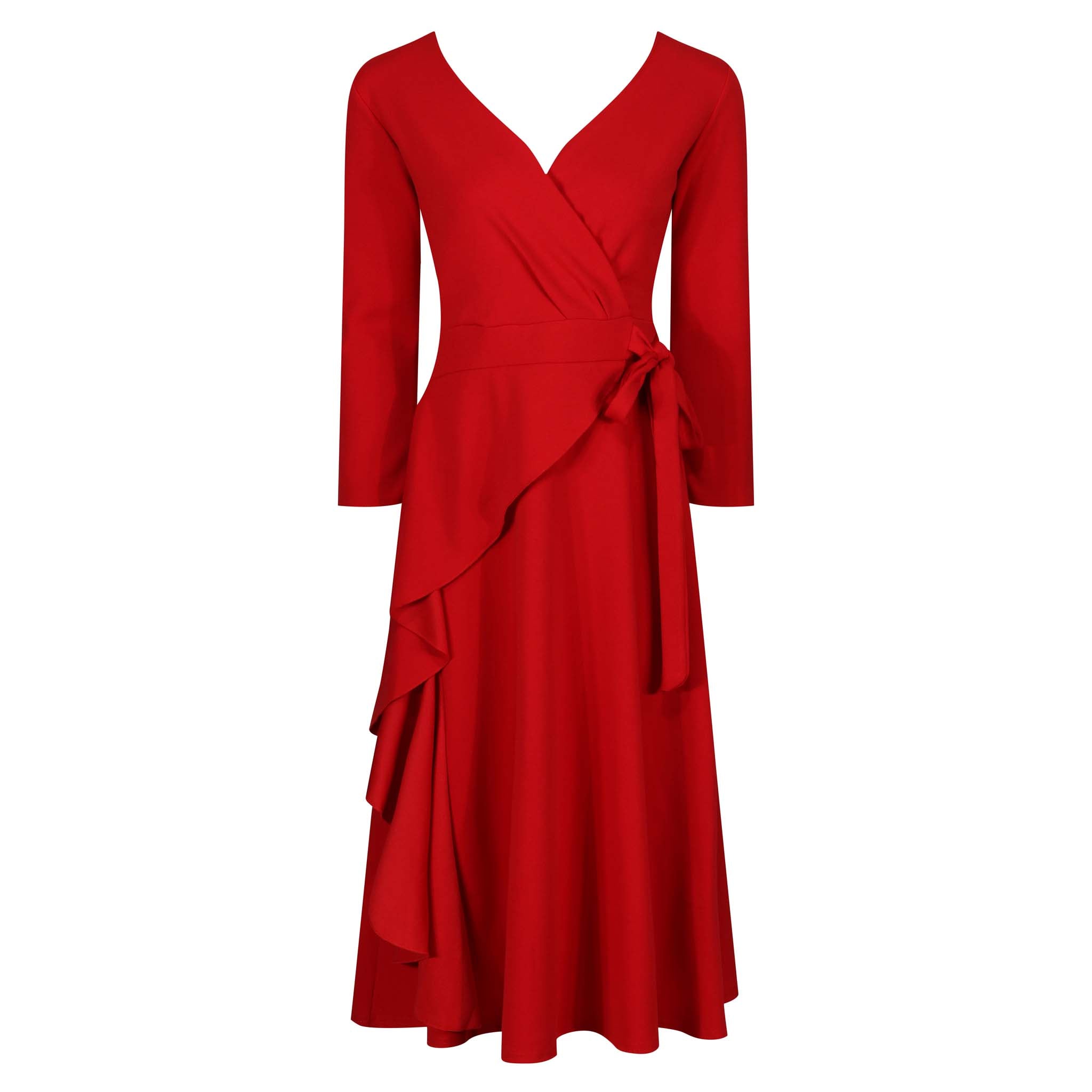 Red Long Sleeve Side Tie Wrap Dress